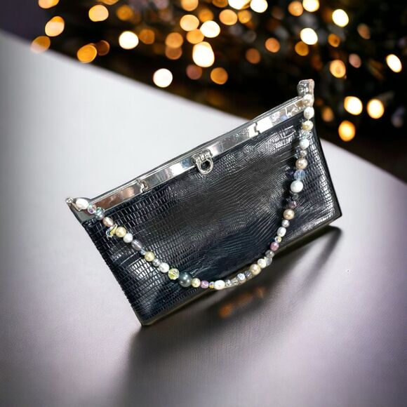 Vintage Black Lizard Embossed Evening Bag Crystals Authentic Pearls Strap - Picture 2 of 4